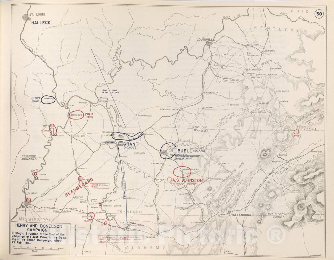 Historic 1959 Map - The West Point Atlas of American Wars - Henry and Donelson Campaign, February 14-15, 1862