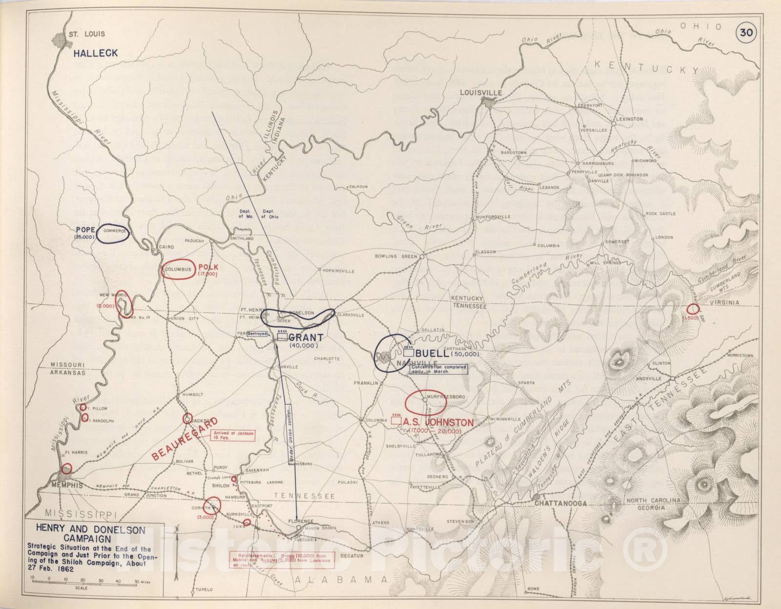 Historic 1959 Map - The West Point Atlas of American Wars - Henry and Donelson Campaign, February 14-15, 1862