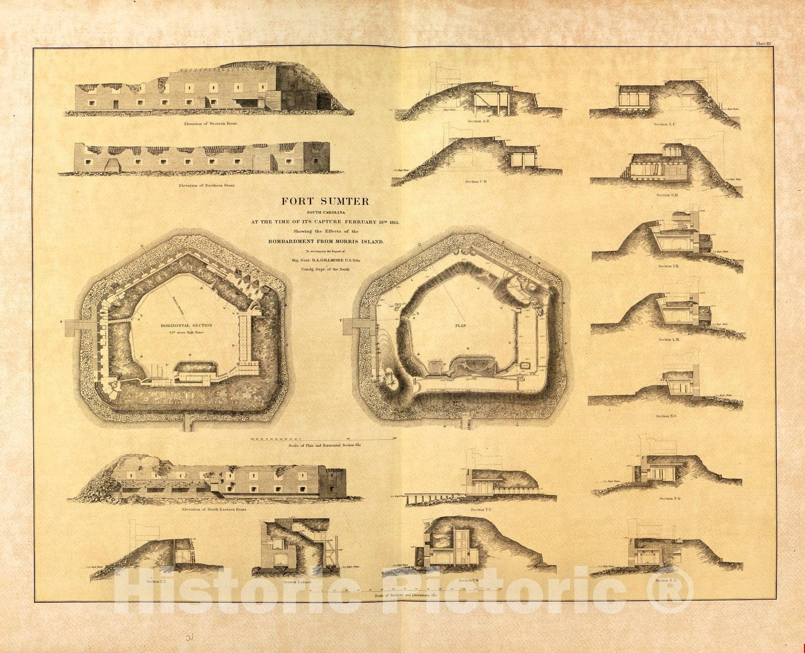 Historic 1879 Map - Military maps. - Fort Sumter, South Carolina, Showing Morris Island, 1865
