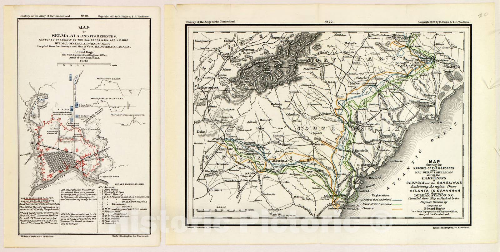 Historic 1875 Map - History of The Army of The Cumberland - No. 19 - Selma, AL & its defences; No. 20 - Campaigns of Georgia and Carolinas - Army of The Cumberland-Atlas