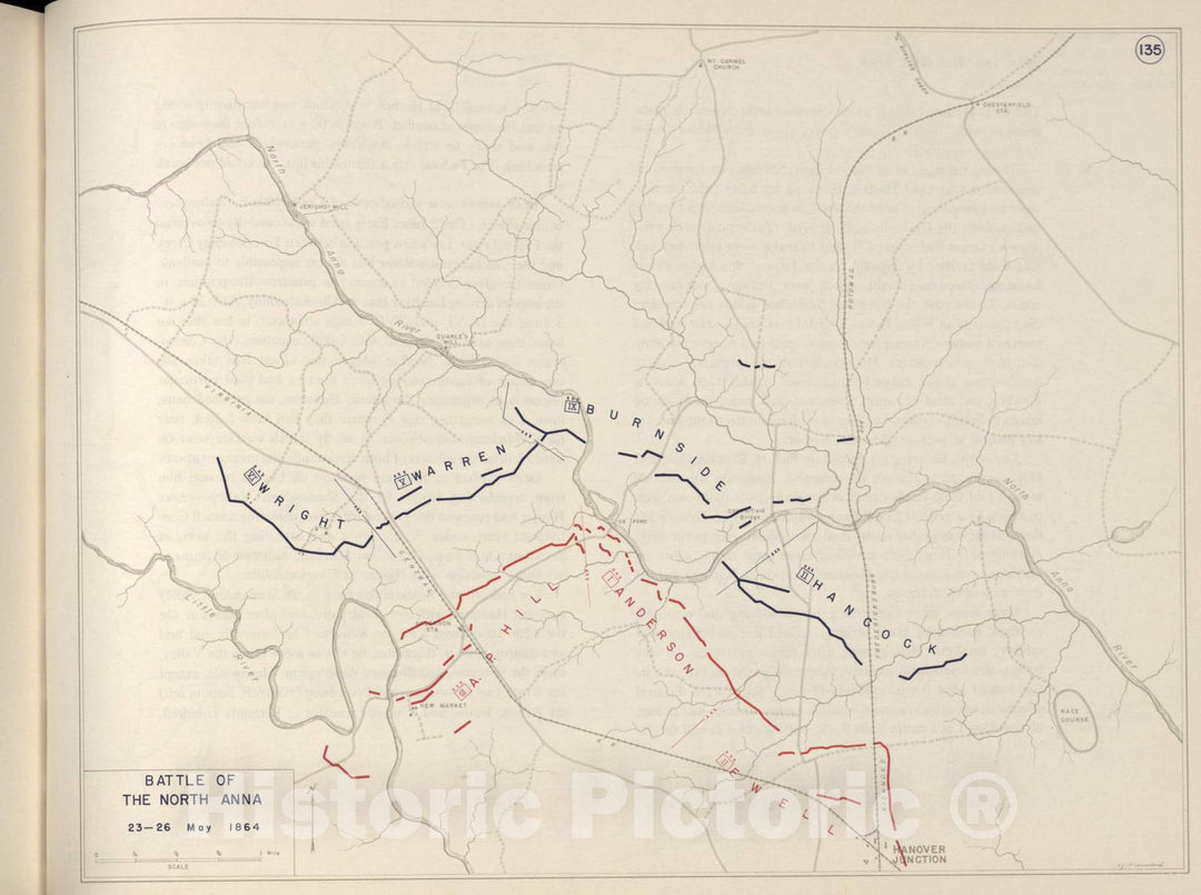 Historic 1962 Map - The West Point Atlas of The Civil War - Battle of The North Anna, May 1864