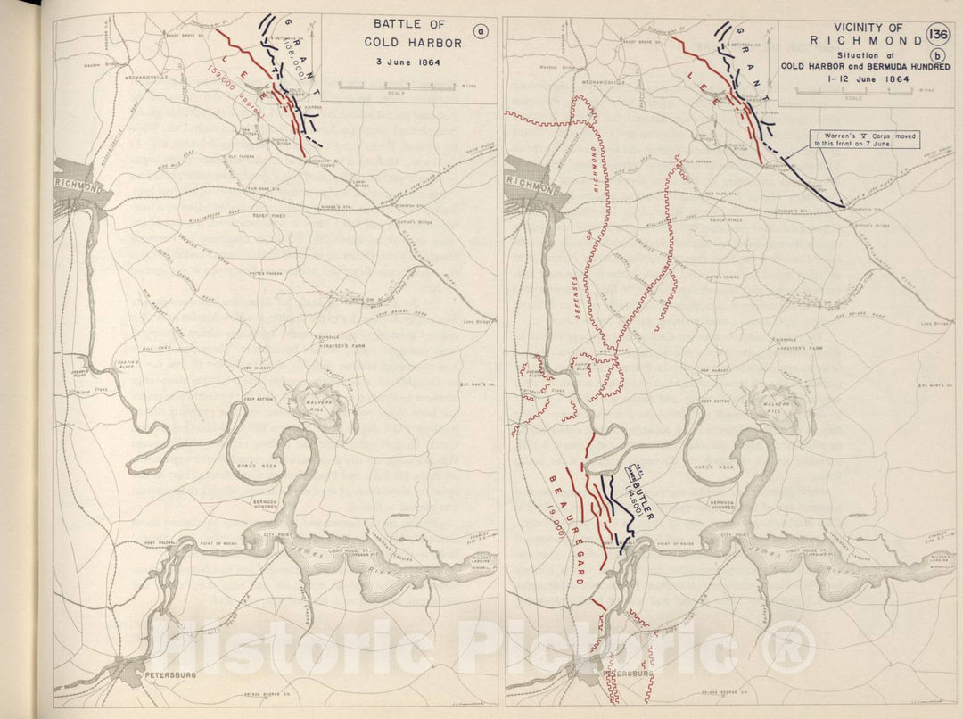 Historic 1962 Map - The West Point Atlas of The Civil War - Battle of Cold Harbor, Richmond Vicinity; Bermuda Hundred, June 1864