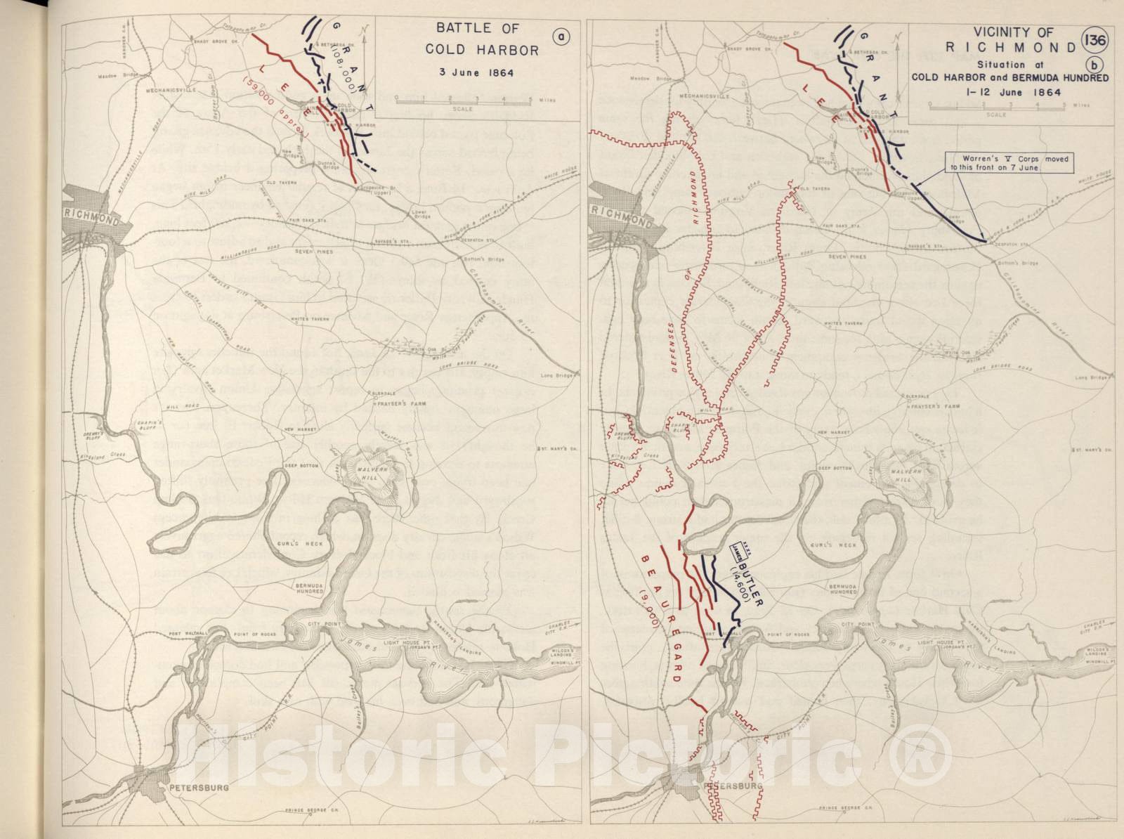 Historic 1962 Map - The West Point Atlas of The Civil War - Battle of Cold Harbor, Richmond Vicinity; Bermuda Hundred, June 1864