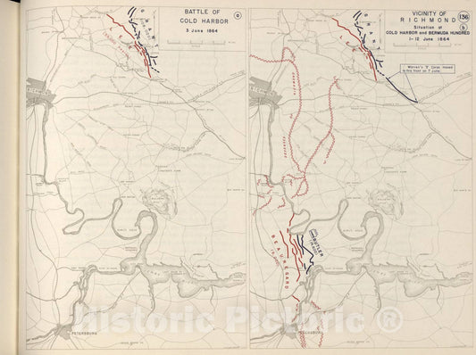 Historic 1962 Map - The West Point Atlas of The Civil War - Battle of Cold Harbor, Richmond Vicinity; Bermuda Hundred, June 1864