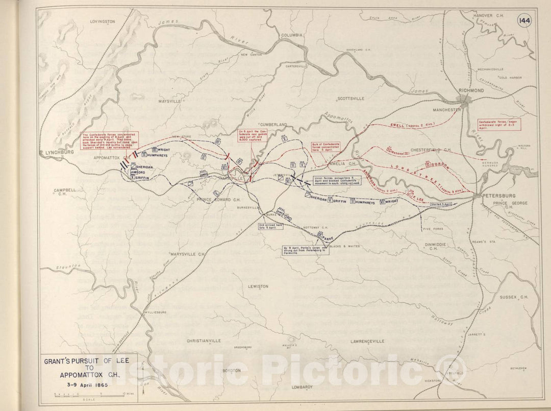 Historic 1962 Map - The West Point Atlas of The Civil War - Grant's Pursuit of Lee to Appomattox Court House, April 1865