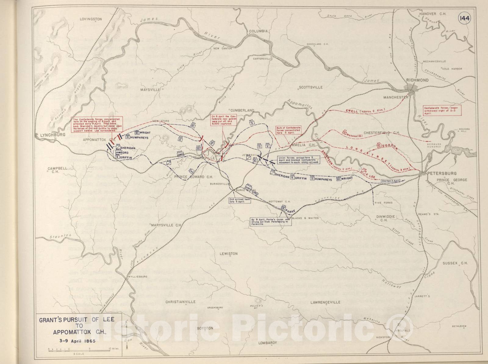 Historic 1962 Map - The West Point Atlas of The Civil War - Grant's Pursuit of Lee to Appomattox Court House, April 1865