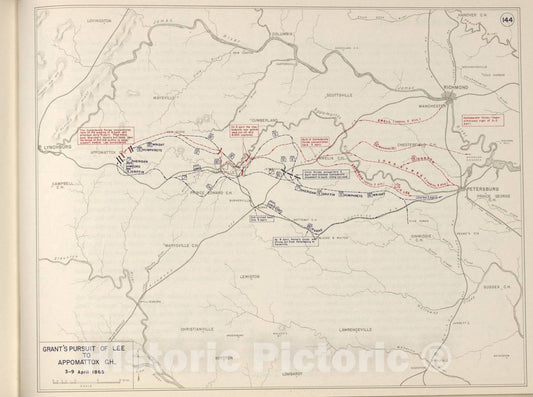 Historic 1962 Map - The West Point Atlas of The Civil War - Grant's Pursuit of Lee to Appomattox Court House, April 1865