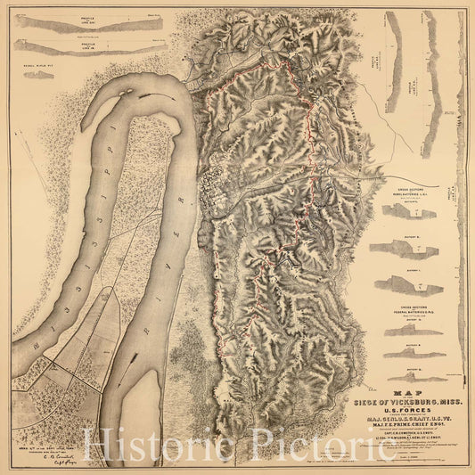 Historic 1883 Map - Military maps of The United States. - Map of The Siege of Vicksburg, Miss, 1863