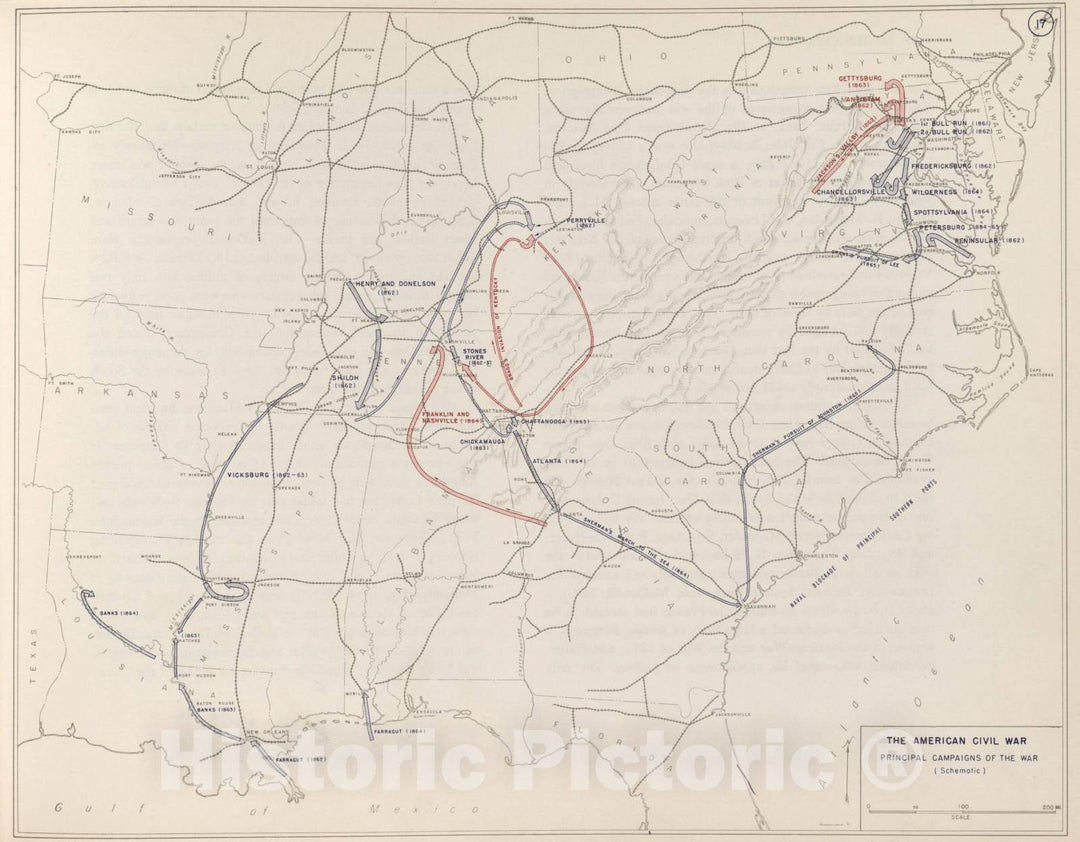 Historic 1959 Map - The West Point Atlas of American Wars - American Civil War - Principal campaigns of The war