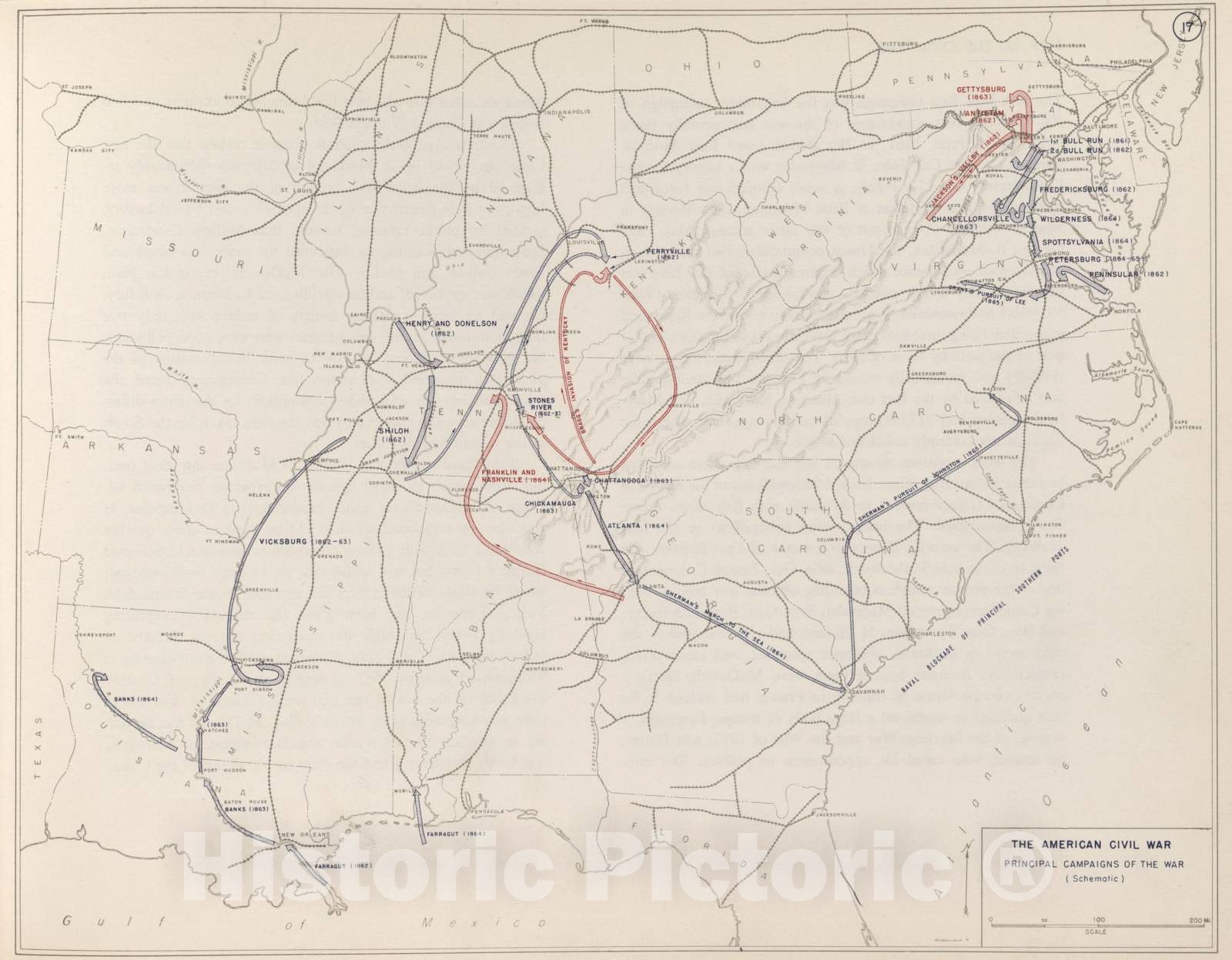 Historic 1959 Map - The West Point Atlas of American Wars - American Civil War - Principal campaigns of The war