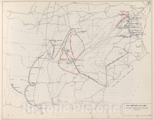 Historic 1959 Map - The West Point Atlas of American Wars - American Civil War - Principal campaigns of The war