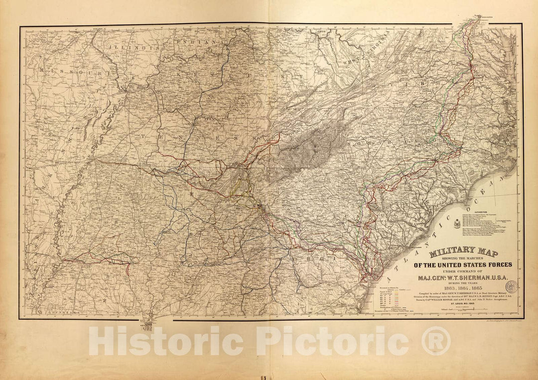 Historic 1883 Map - Military maps of The United States. - Military map of marches of United States Under Maj. Gen. W.T. Sherman,1863-65