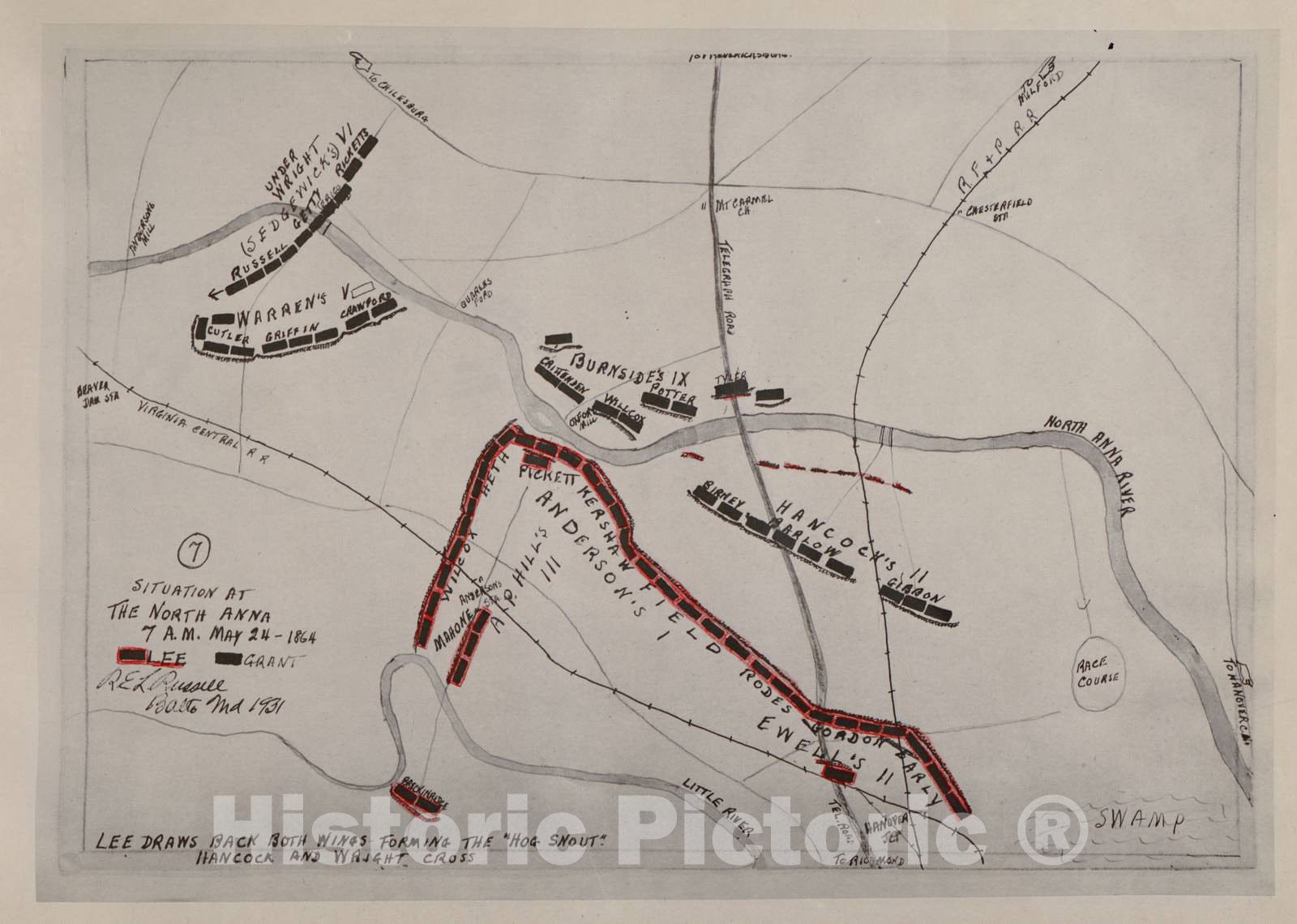 Historic 1864 Map - The North Anna and Movement from Spottsylvania - No 7 - Situation at The North Anna - 7A.M, May 24-1864