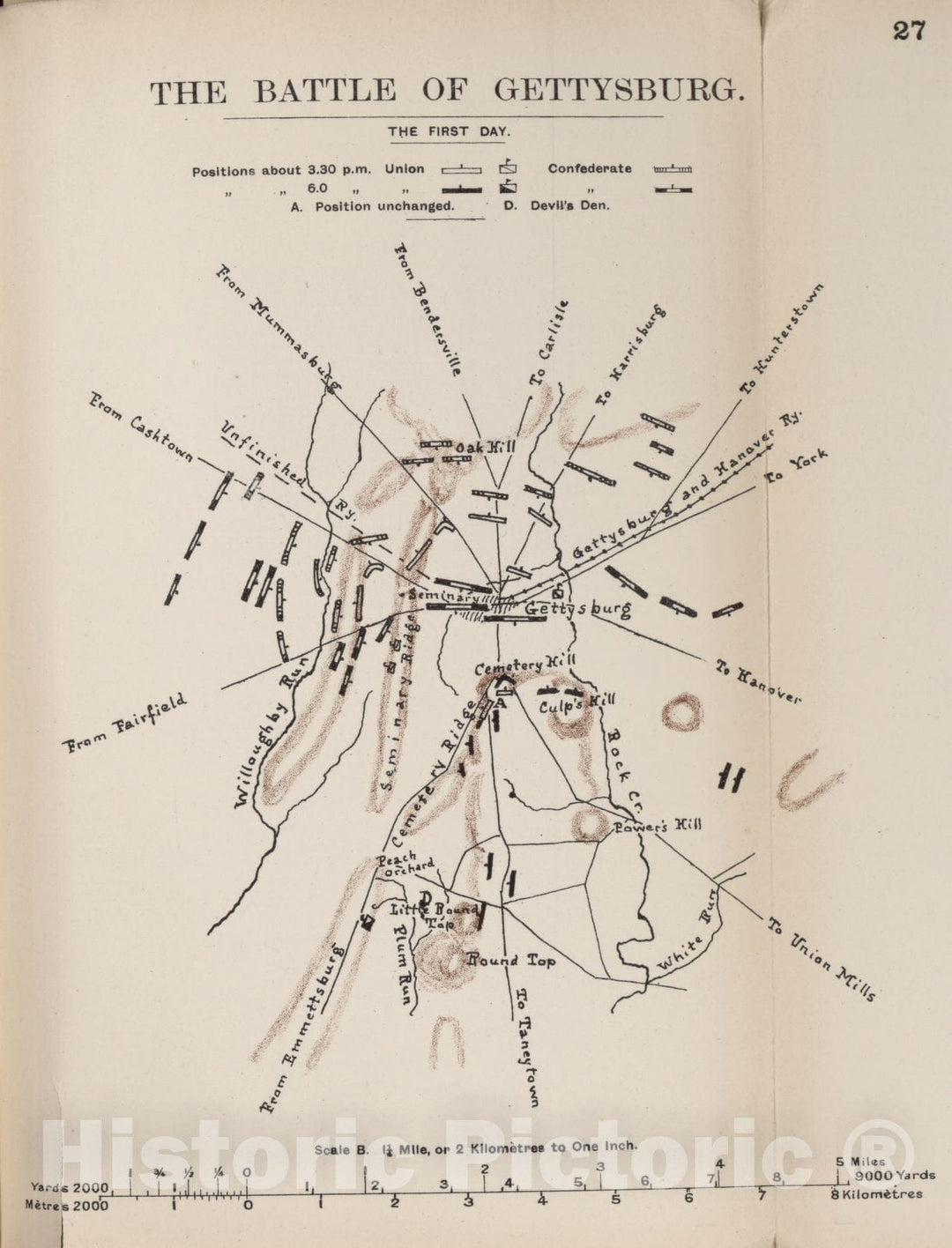 Historic 1910 Map - The American Civil War-maps. - Battle of Gettysburg, The First Day 1