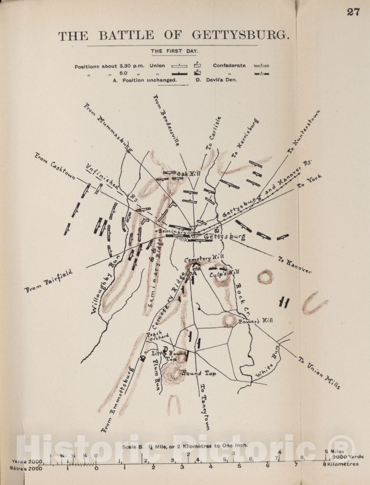 Historic 1910 Map - The American Civil War-maps. - Battle of Gettysburg, The First Day 1
