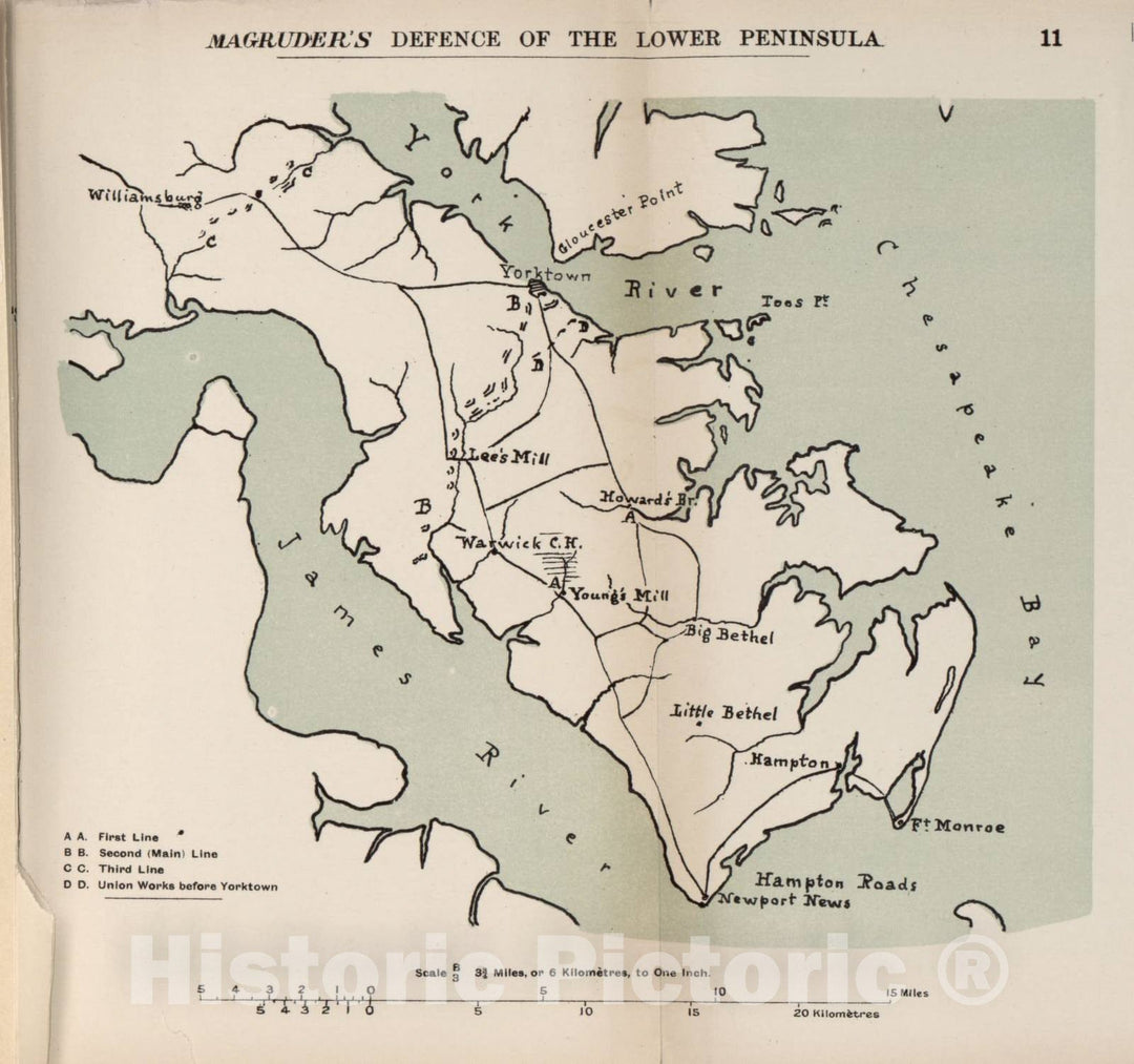 Historic 1910 Map - The American Civil War-maps. - Magruder's Defence of The Lower Peninsula 1