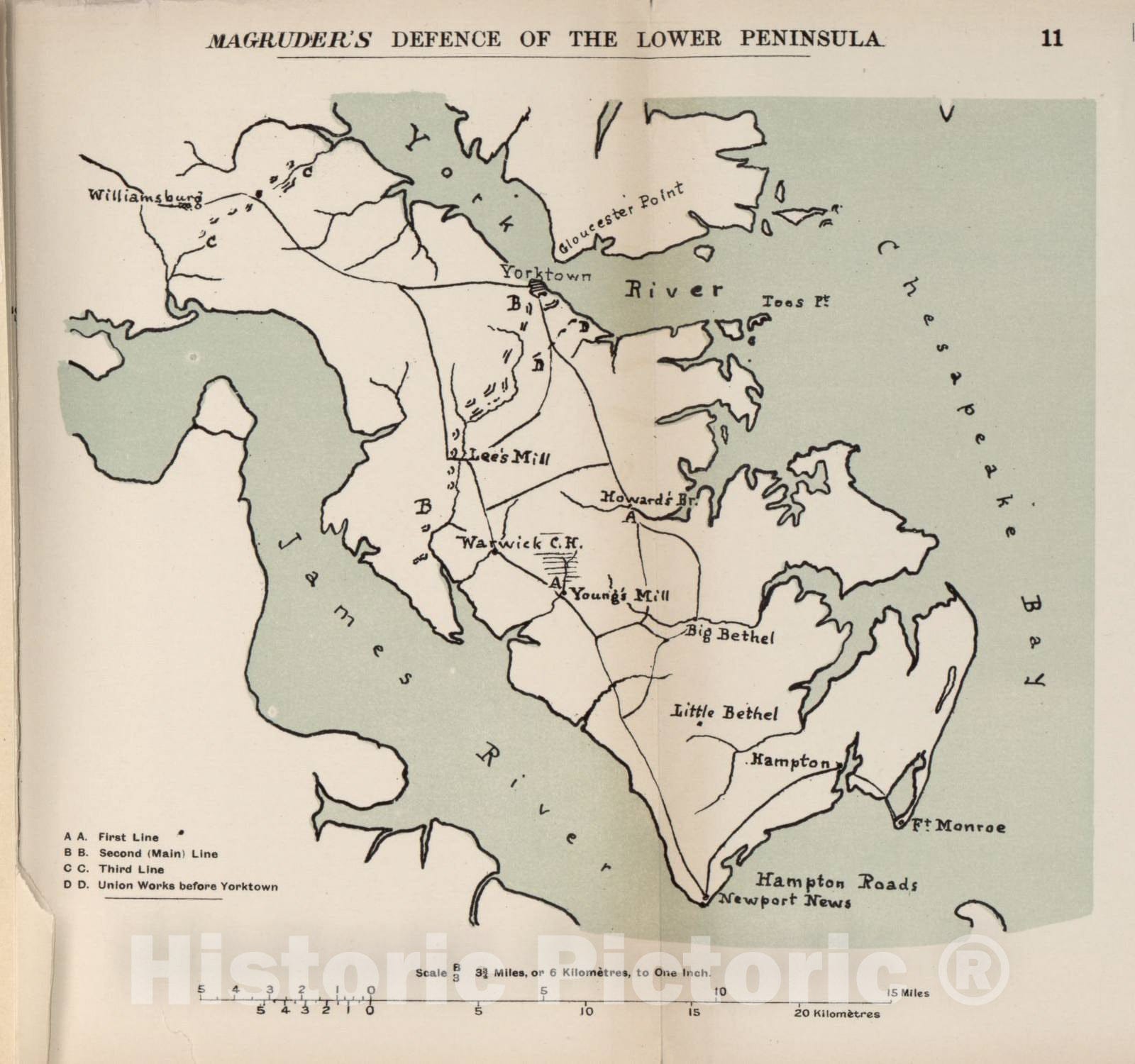 Historic 1910 Map - The American Civil War-maps. - Magruder's Defence of The Lower Peninsula 1
