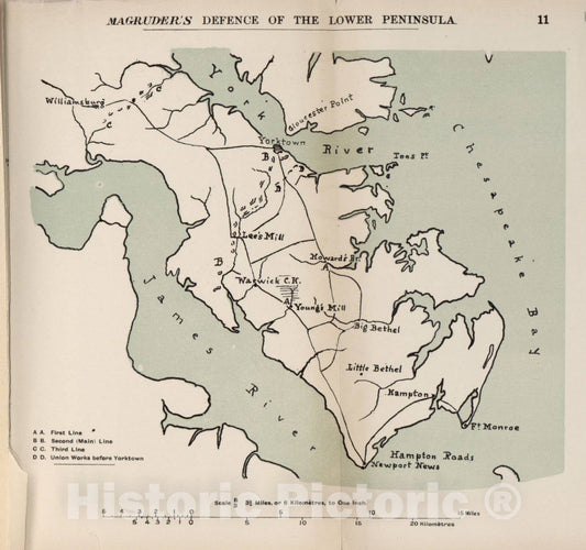 Historic 1910 Map - The American Civil War-maps. - Magruder's Defence of The Lower Peninsula 1