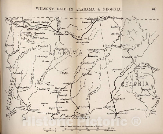 Historic 1910 Map - The American Civil War-maps. - Wilson's raid in Alabama and Georgia 2