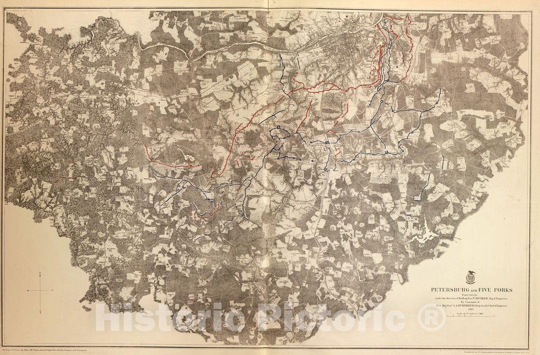 Historic 1883 Map - Military maps of The United States. - Petersburg and Five Forks, Va, 1867