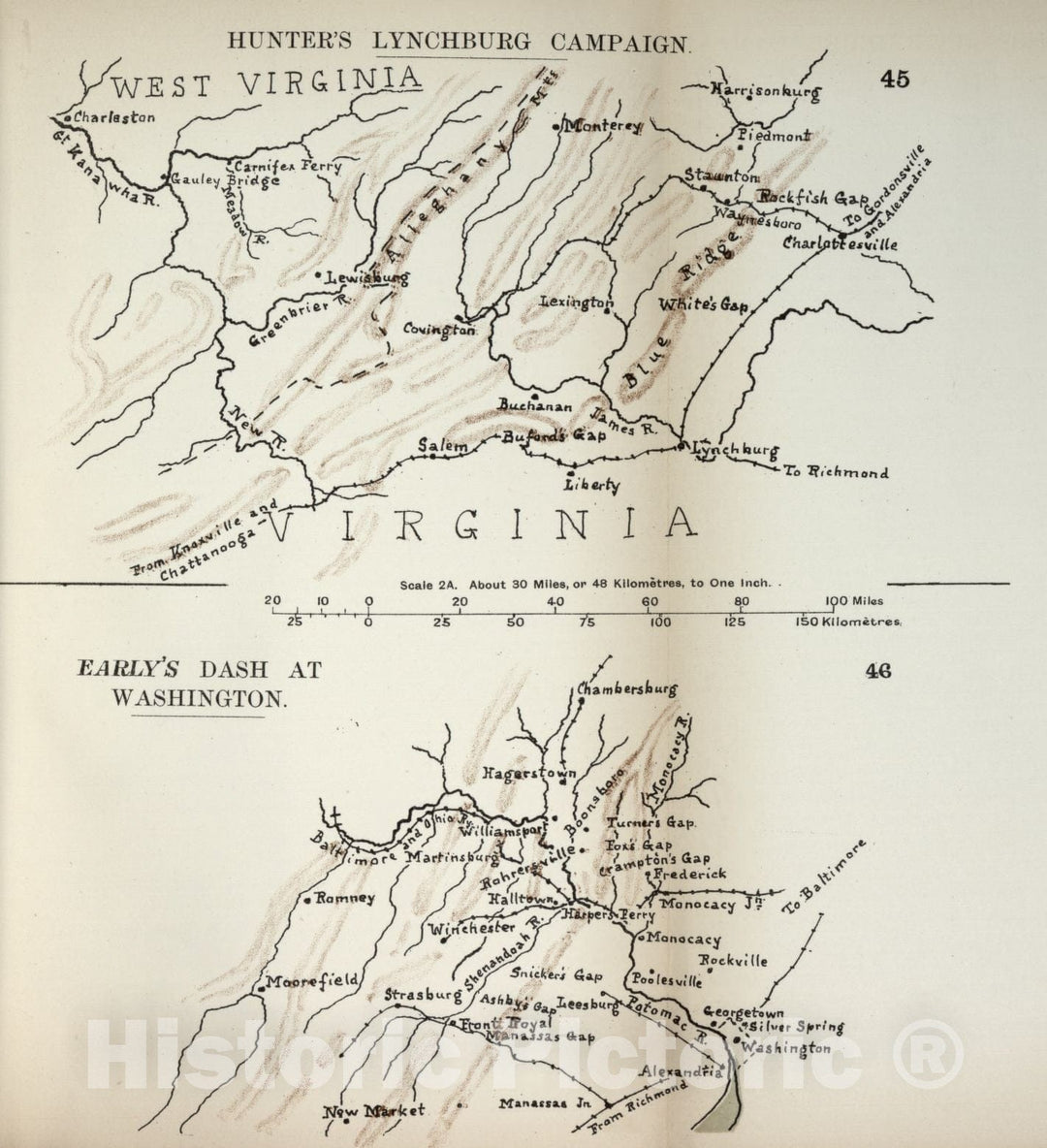 Historic 1910 Map - The American Civil War-maps. - Hunter's Lynchburg Campaign, Early's Dash at Washington 2