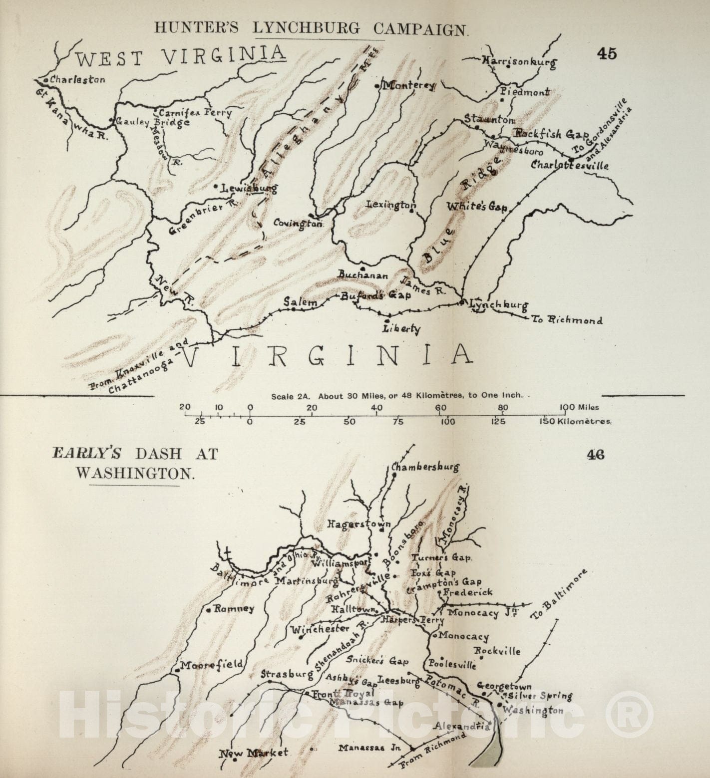 Historic 1910 Map - The American Civil War-maps. - Hunter's Lynchburg Campaign, Early's Dash at Washington 2