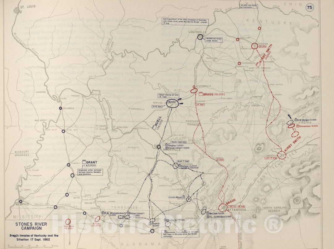 Historic 1962 Map - The West Point Atlas of The Civil War - Stones River Campaign, July 1862