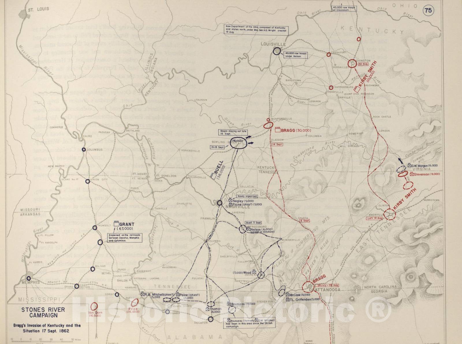 Historic 1962 Map - The West Point Atlas of The Civil War - Stones River Campaign, July 1862