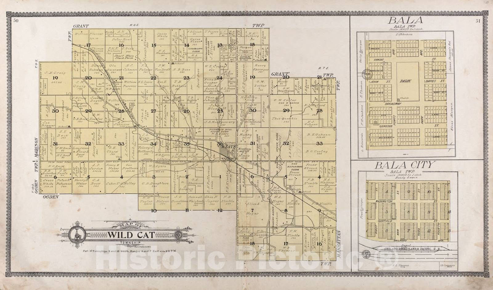 Historic 1909 Map - Standard Atlas of Riley County, Kansas - Map of Wild Cat Township - Bala - Bala City