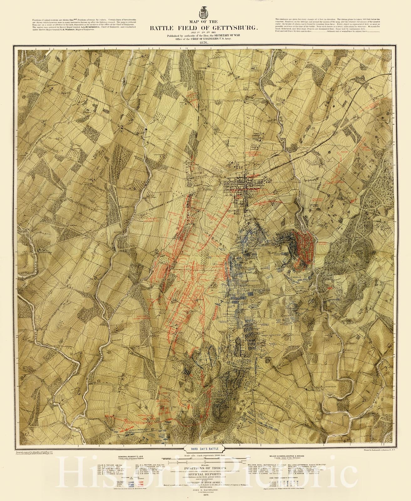 Historic 1879 Map - Military maps. - Map of The Battle Field of Gettysburg, Third Day's Battle, July, 1863