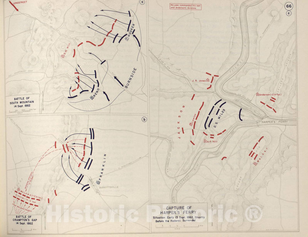 Historic 1962 Map - The West Point Atlas of The Civil War - Battle of South Mountain; Crampton's Gap;Harper's Ferry, Sept. 1862
