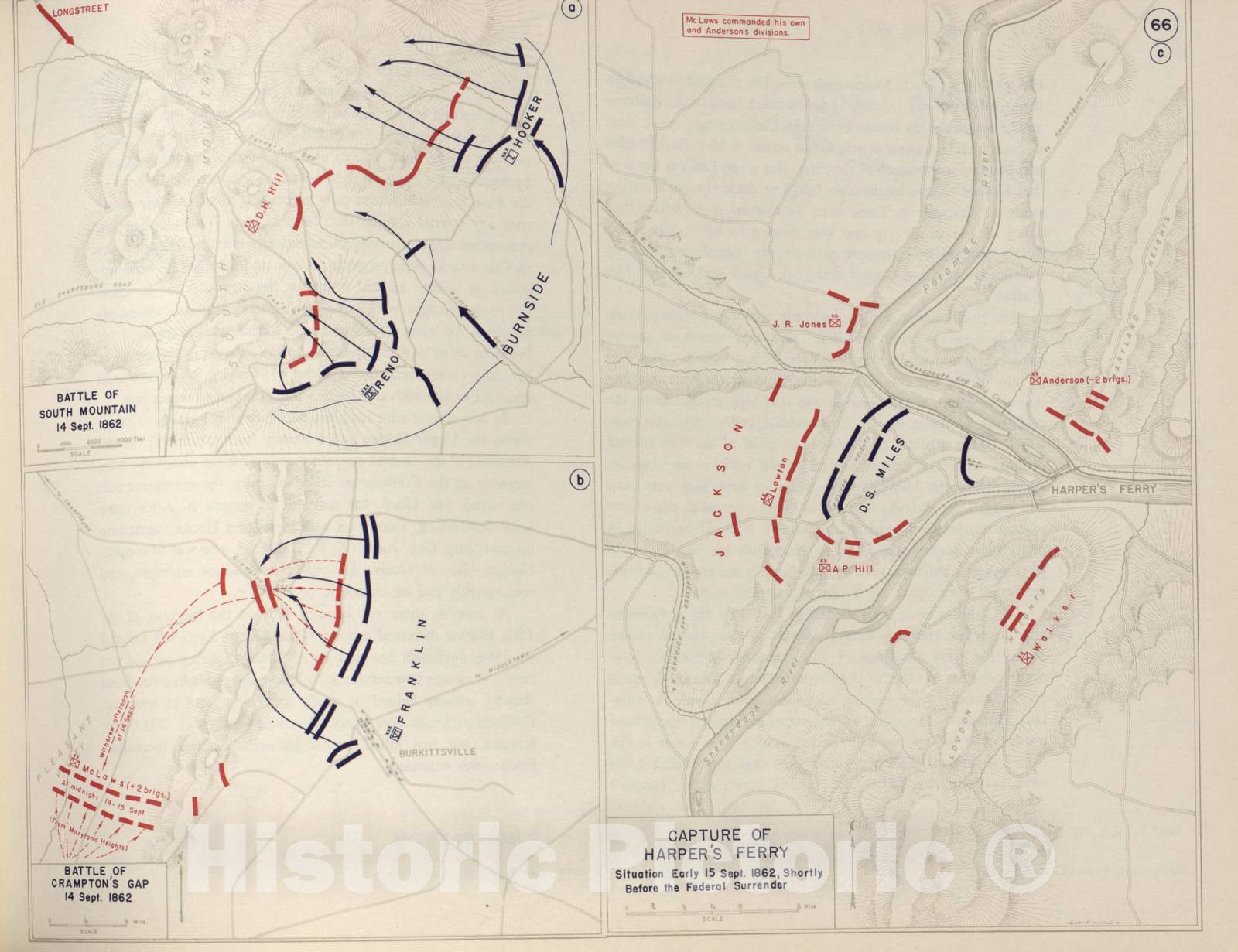 Historic 1962 Map - The West Point Atlas of The Civil War - Battle of South Mountain; Crampton's Gap;Harper's Ferry, Sept. 1862