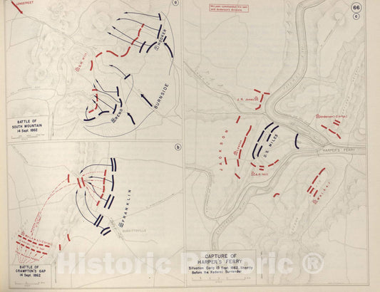 Historic 1962 Map - The West Point Atlas of The Civil War - Battle of South Mountain; Crampton's Gap;Harper's Ferry, Sept. 1862