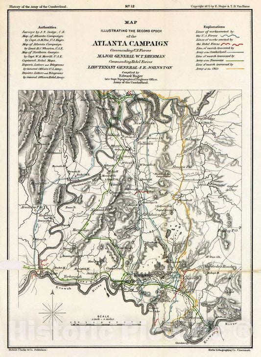 Historic 1875 Map - History of The Army of The Cumberland : its Organization, campaigns, and Battles - No. 14 - Fourth Epoch of Atlanta Campaign - Army of The Cumberland-Atlas