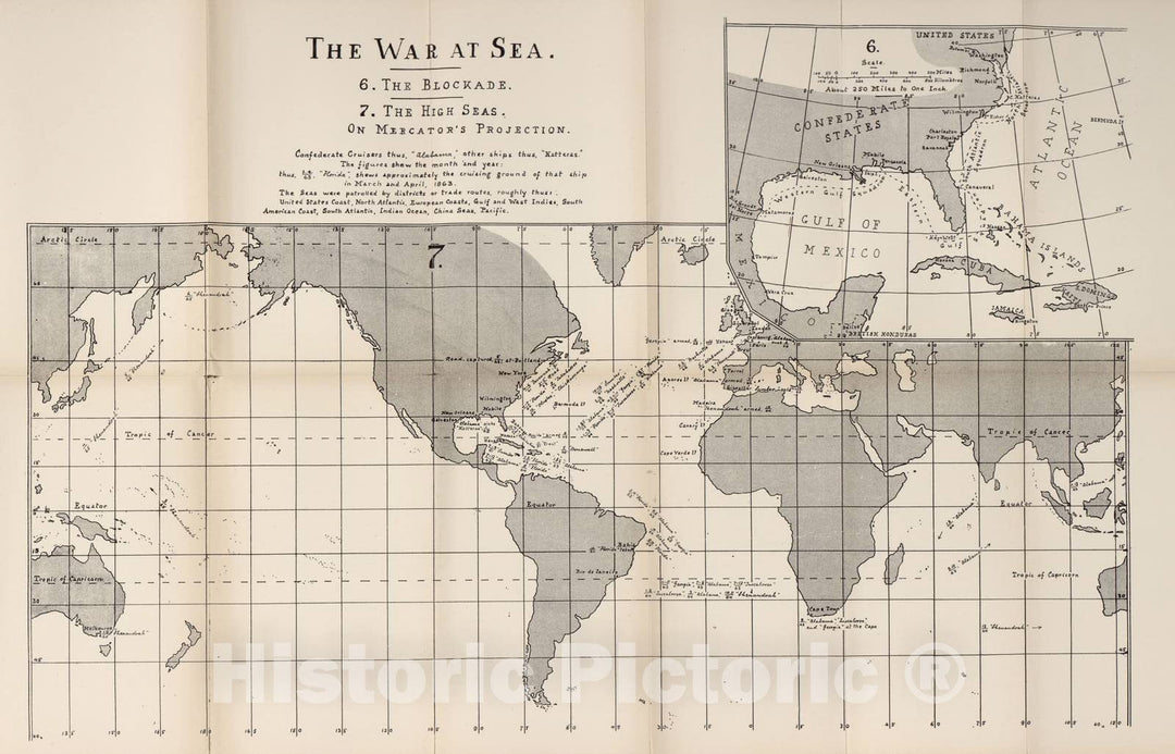 Historic 1910 Map - The American Civil War-maps. - War at sea, 1863 2