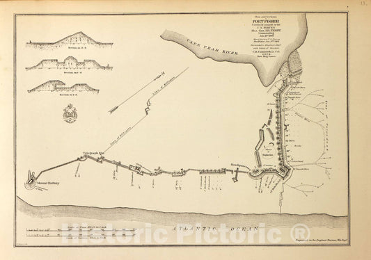 Historic 1883 Map - Military maps of The United States. - Plan and Sections of Fort Fisher, January 1865