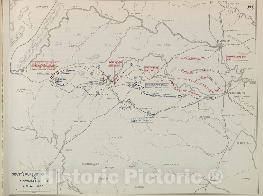 Historic 1959 Map - The West Point Atlas of American Wars - Grant's Pursuit of Lee to Appomattox Court House, April 1865