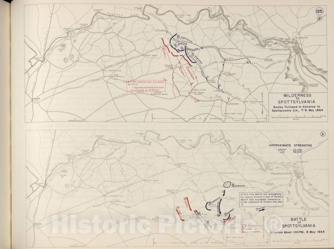 Historic 1962 Map - The West Point Atlas of The Civil War - Battle of Spottsylvania; Spottsylvania Court House, May 1864