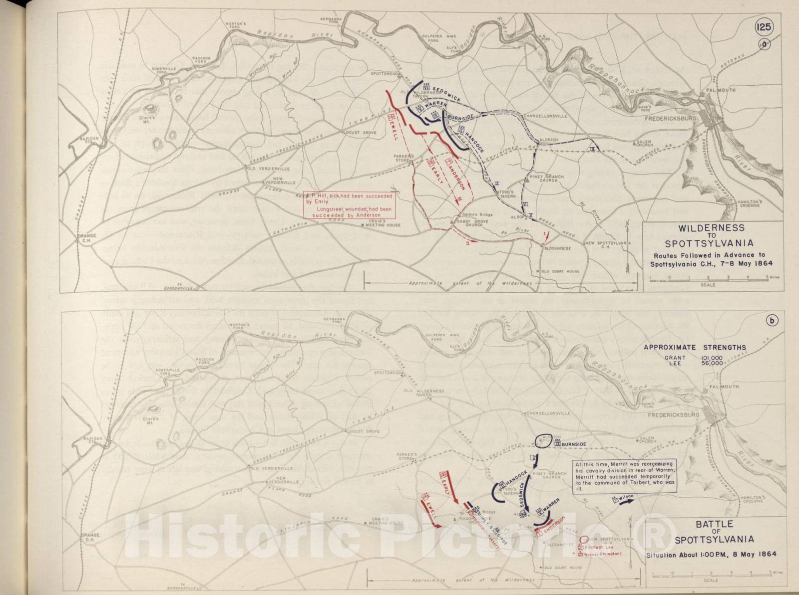 Historic 1962 Map - The West Point Atlas of The Civil War - Battle of Spottsylvania; Spottsylvania Court House, May 1864