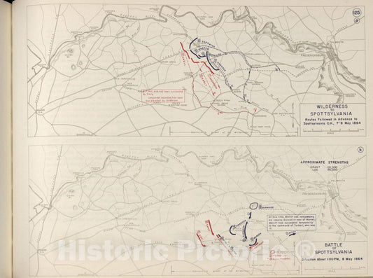 Historic 1962 Map - The West Point Atlas of The Civil War - Battle of Spottsylvania; Spottsylvania Court House, May 1864
