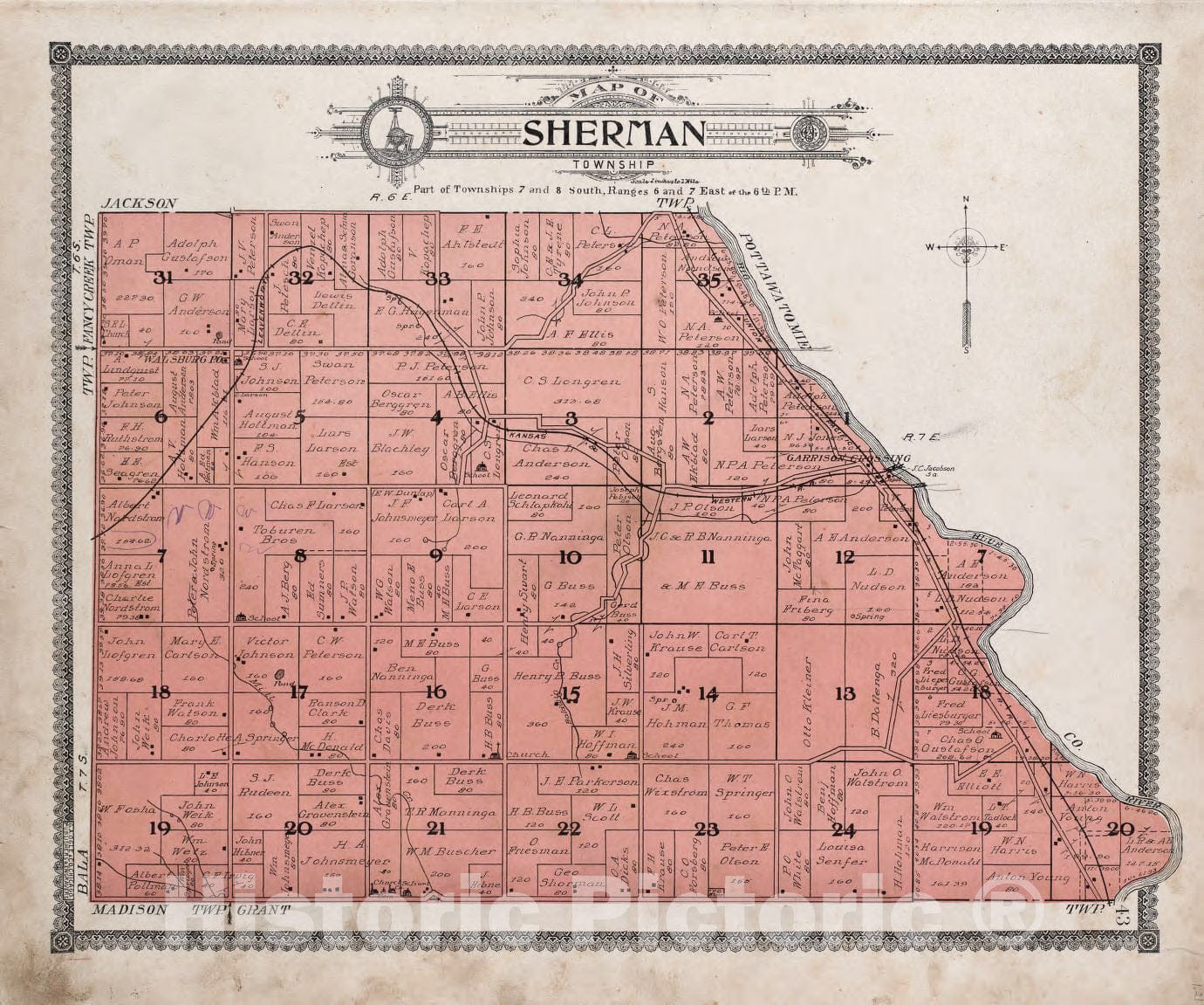 Historic 1909 Map - Standard Atlas of Riley County, Kansas - Map of Sherman Township