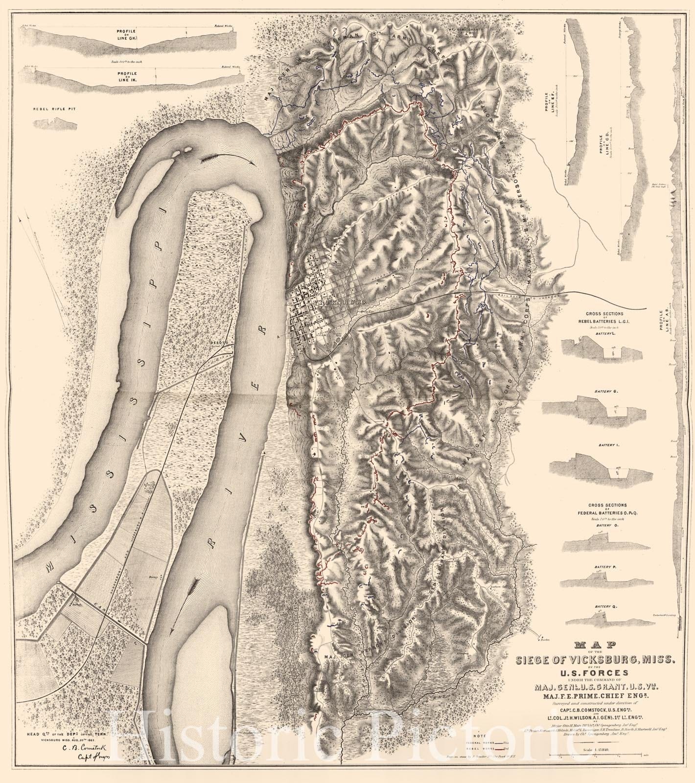 Historic 1879 Map - Military maps. - Map of The Siege of Vicksburg, Miss, 1863