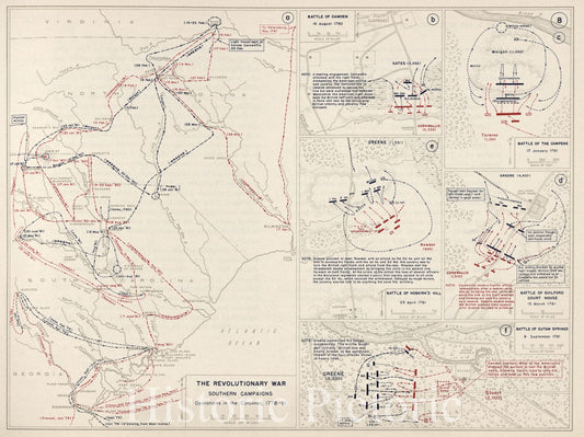 Historic 1962 Map - The West Point Atlas of The Civil War - Revolutionary War - Camden,Cowpens,Guilford,Hobkirk's Hill,Eutaw Springs