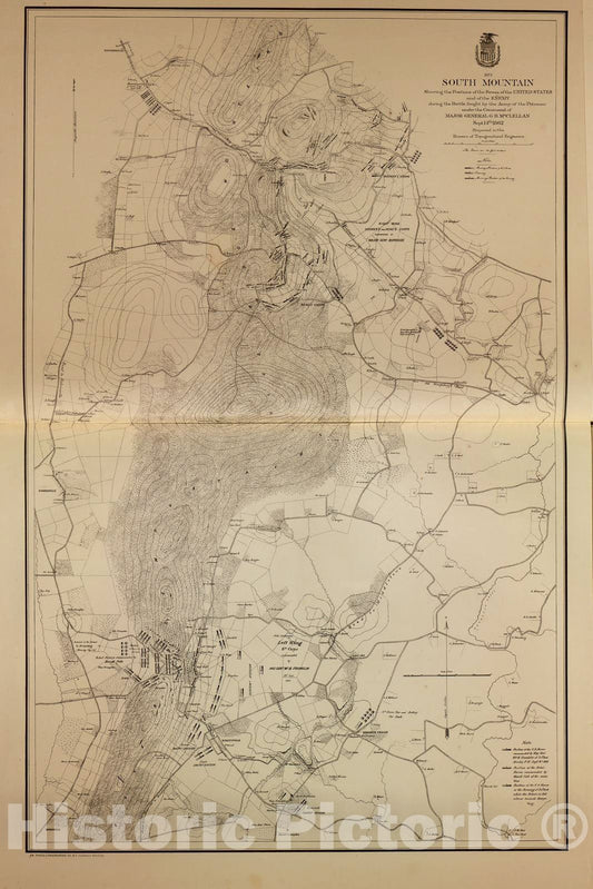 Historic 1883 Map - Military maps of The United States. - South Mountain, Showing Positions of United States,Battle by Army of The Potomac