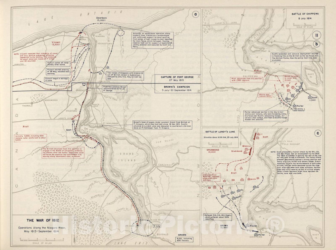 Historic 1962 Map - The West Point Atlas of The Civil War - War of 1812 - Niagara River;Battles of Chippewa, Lundy's Lane,1813-1814