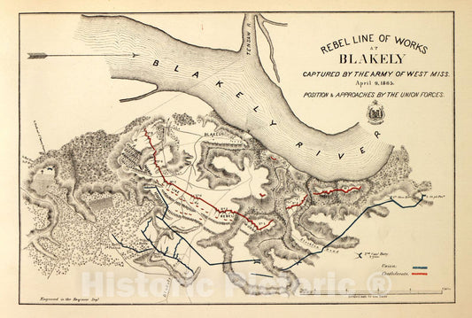 Historic 1883 Map - Military maps of The United States. - Rebel line of Works at Blakely Captured by Army of West Miss, April 9, 1865