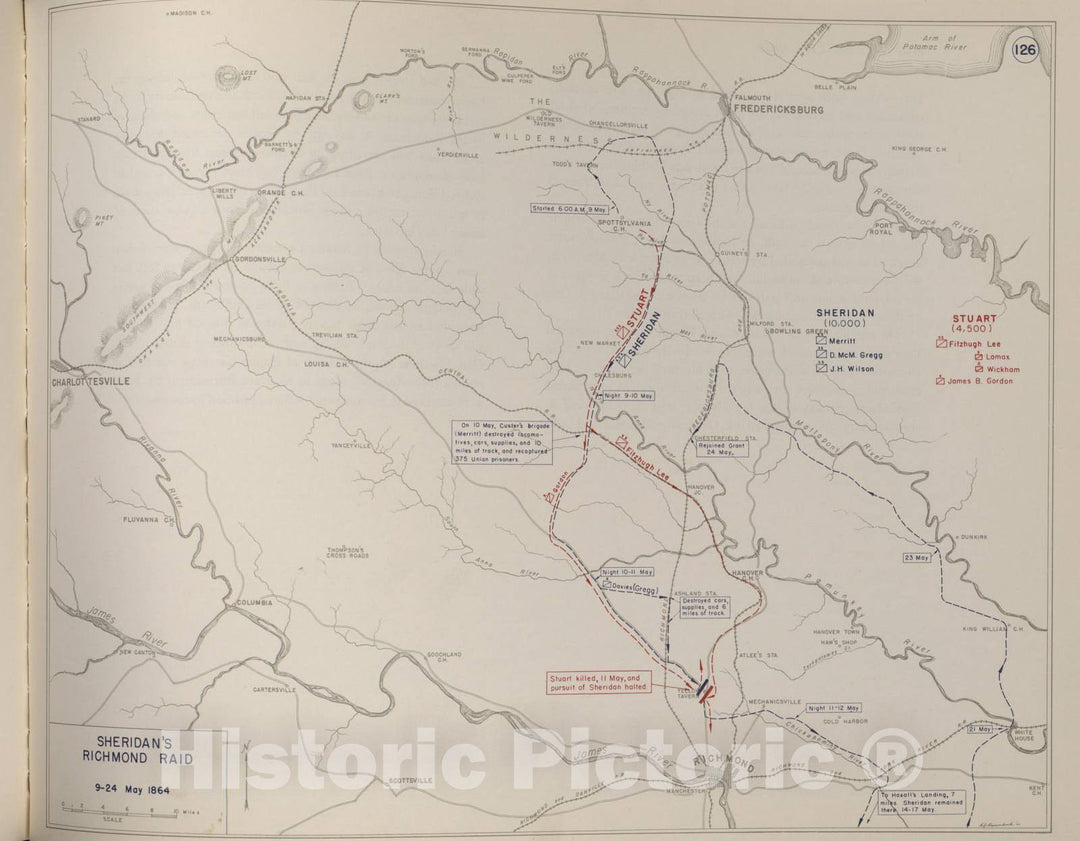 Historic 1959 Map - The West Point Atlas of American Wars - Sheridan's Richmond Raid, May 1864