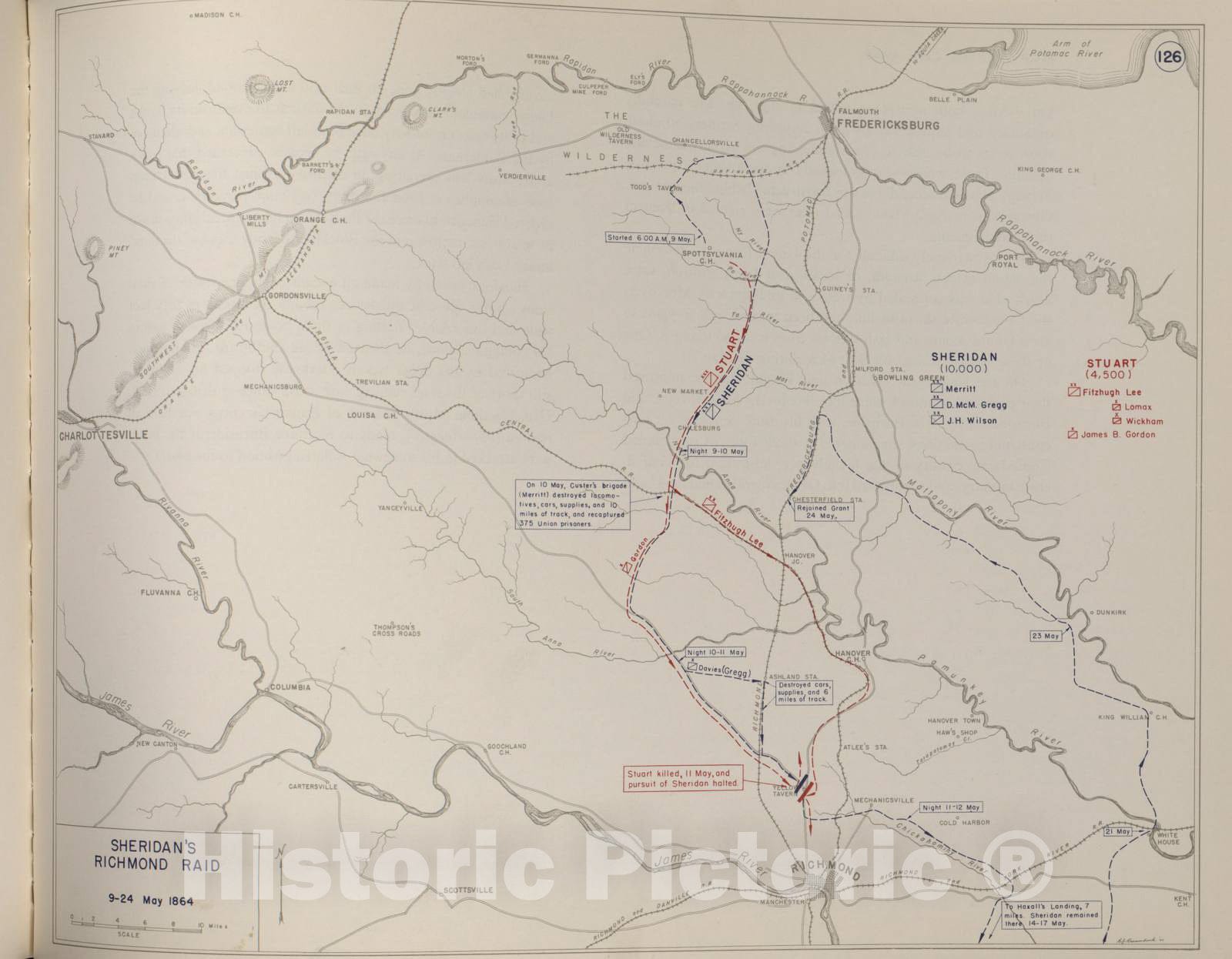 Historic 1959 Map - The West Point Atlas of American Wars - Sheridan's Richmond Raid, May 1864