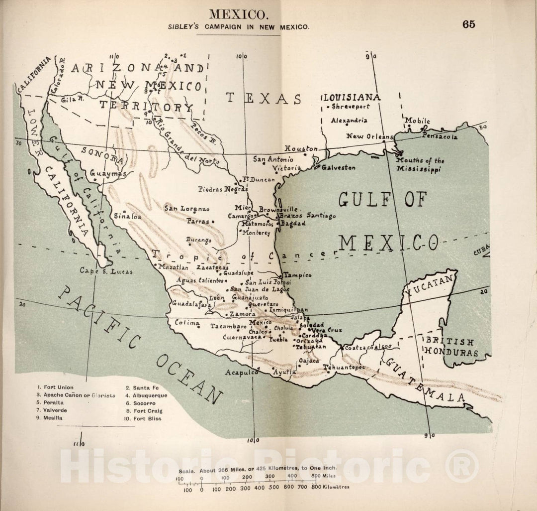 Historic 1910 Map - The American Civil War-maps. - Mexico, Sibley's Campaign in New Mexico 2