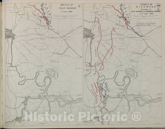 Historic 1959 Map - The West Point Atlas of American Wars - Battle of Cold Harbor, Richmond Vicinity; Bermuda Hundred, June 1864